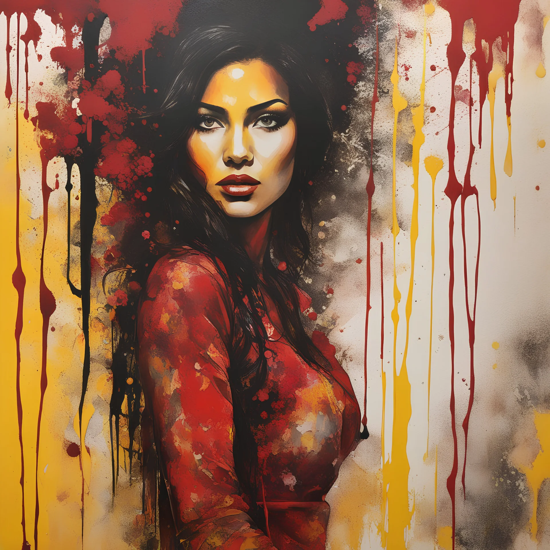 full body in close up woman, red , yellow in detailed paintings with dripping ink, ink splash, and wet wash