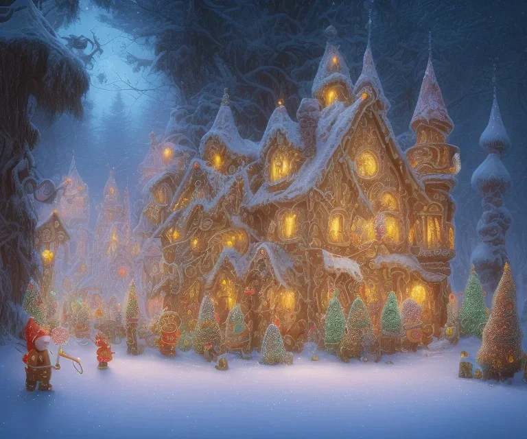 gingerbread candy village, colorful, fantasy, fairytale, intricate, forest, fireflies, flowers, halloween, christmas, hansel and gretel, bokeh, medium shot, visually stunning, depth of field 100mm ( cinematic scene, studio lighting, matte painting, concept art, trending on artstation, artgerm, cgsociety )