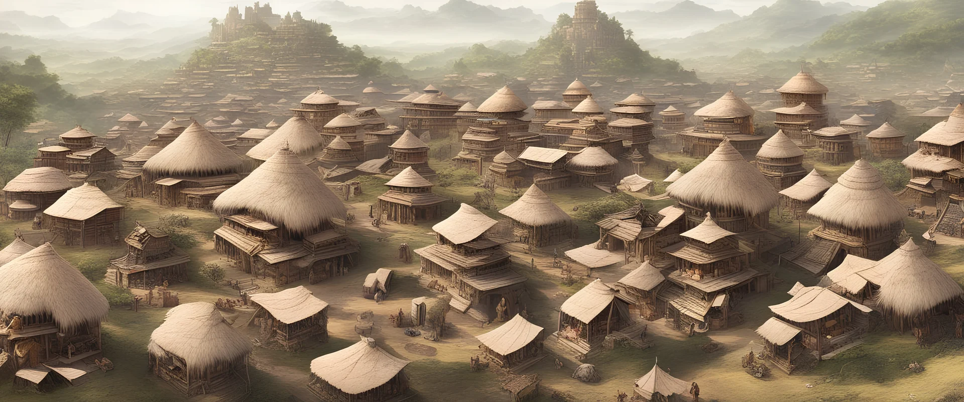 cidade feita com Cabanas tribais em cima de animal gigante