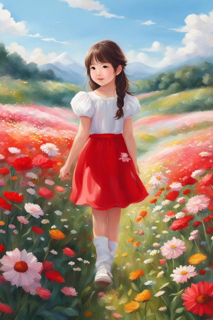 a little girl standing in a field of flowers, girl standing in flower field, girl standing in a flower field, realistic cute girl painting, by Lü Ji, girl walking in flower field, portrait of girl in flower field, girl frontal in a flower field, girl wears a red dress, portrait anime girl, cute detailed artwork, korean artist, kawaii realistic portrait