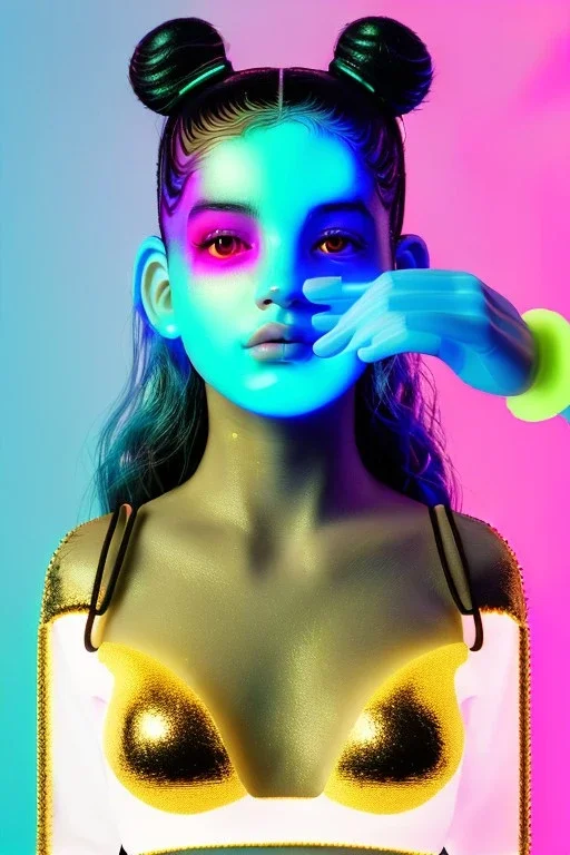 Rosalía artist, Realistic image, natural waist up portrait, perfect eyes, glow eye, black eye line, sweet face, pigtails hair, spray line make up, glow, geometric, gold, big rings piercing, led ornament, bubble latex coat, inflatable, cold, led lights, minimal, neon, pink, blue, gold, vibrant color, highly detailed, art stations, concept art, smooth, unreal engine 5, god lights, ray tracing, RTX, lumen lighting, ultra detail, volumetric lighting, 3d, finely drawn, high definition, 4k.