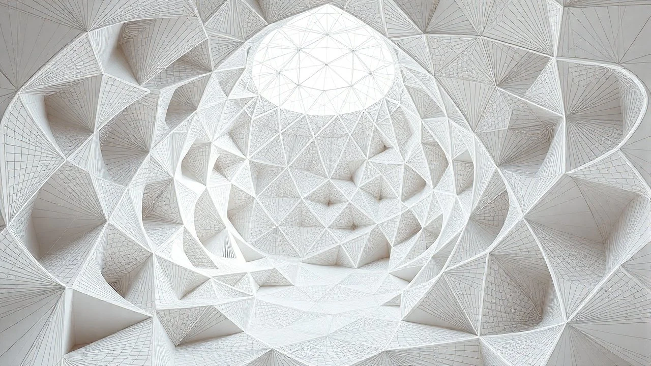 Architectural space of Archimedean parametric composition with iteration and convergence of random forms and lines. Scaly texture and modular art