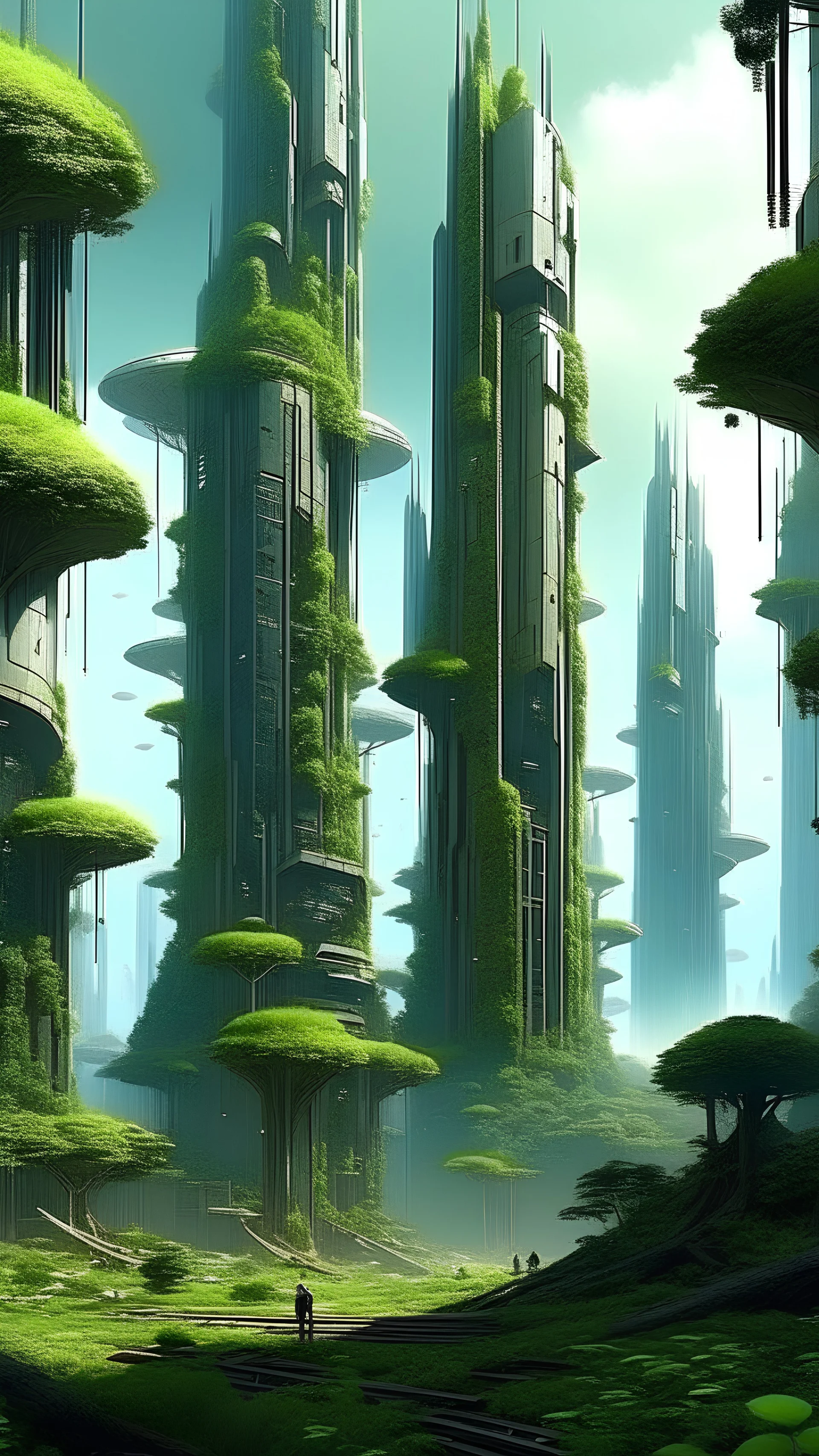 sci fi city, towering trees