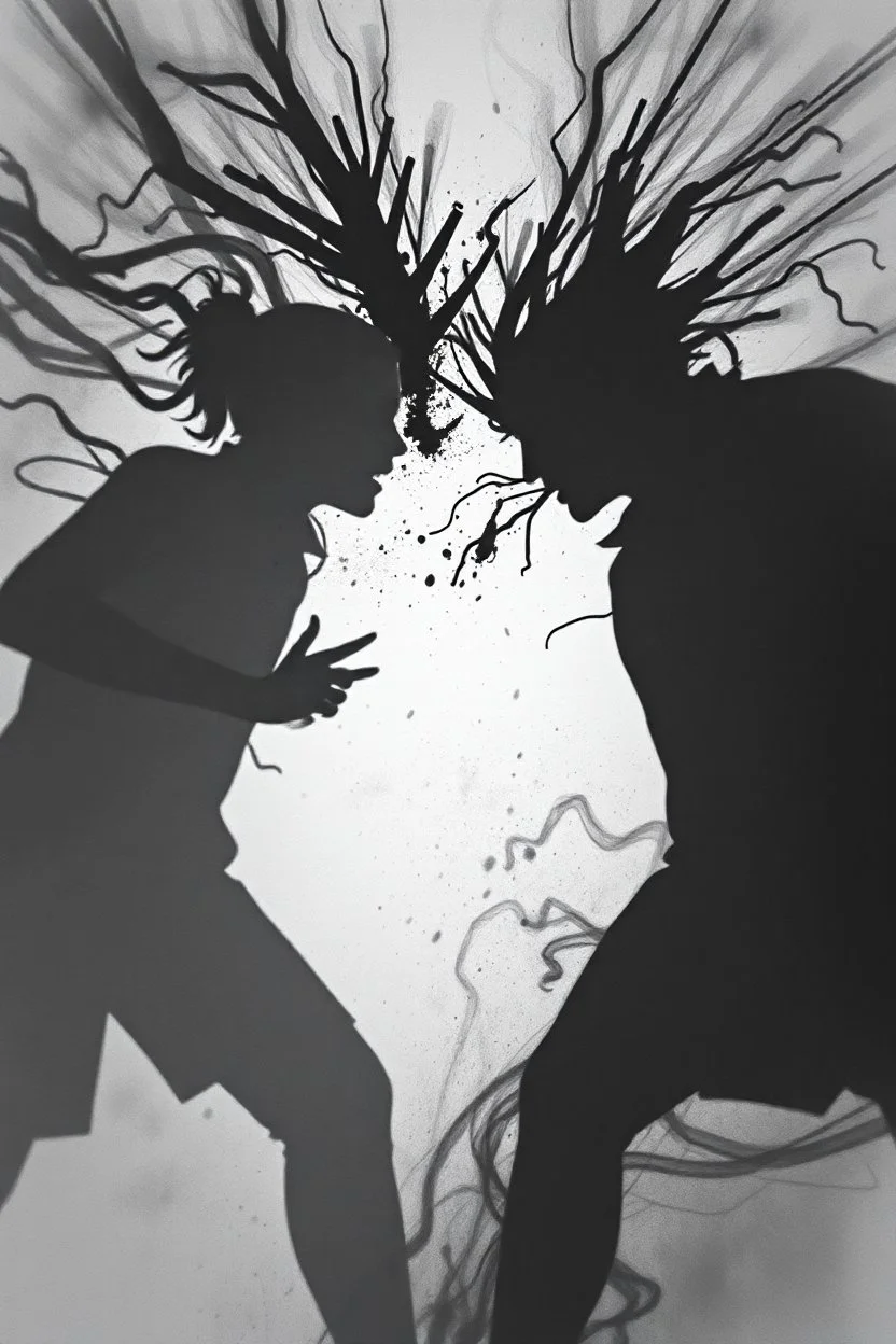 a chaotic, abstract image of two shadows killing one another