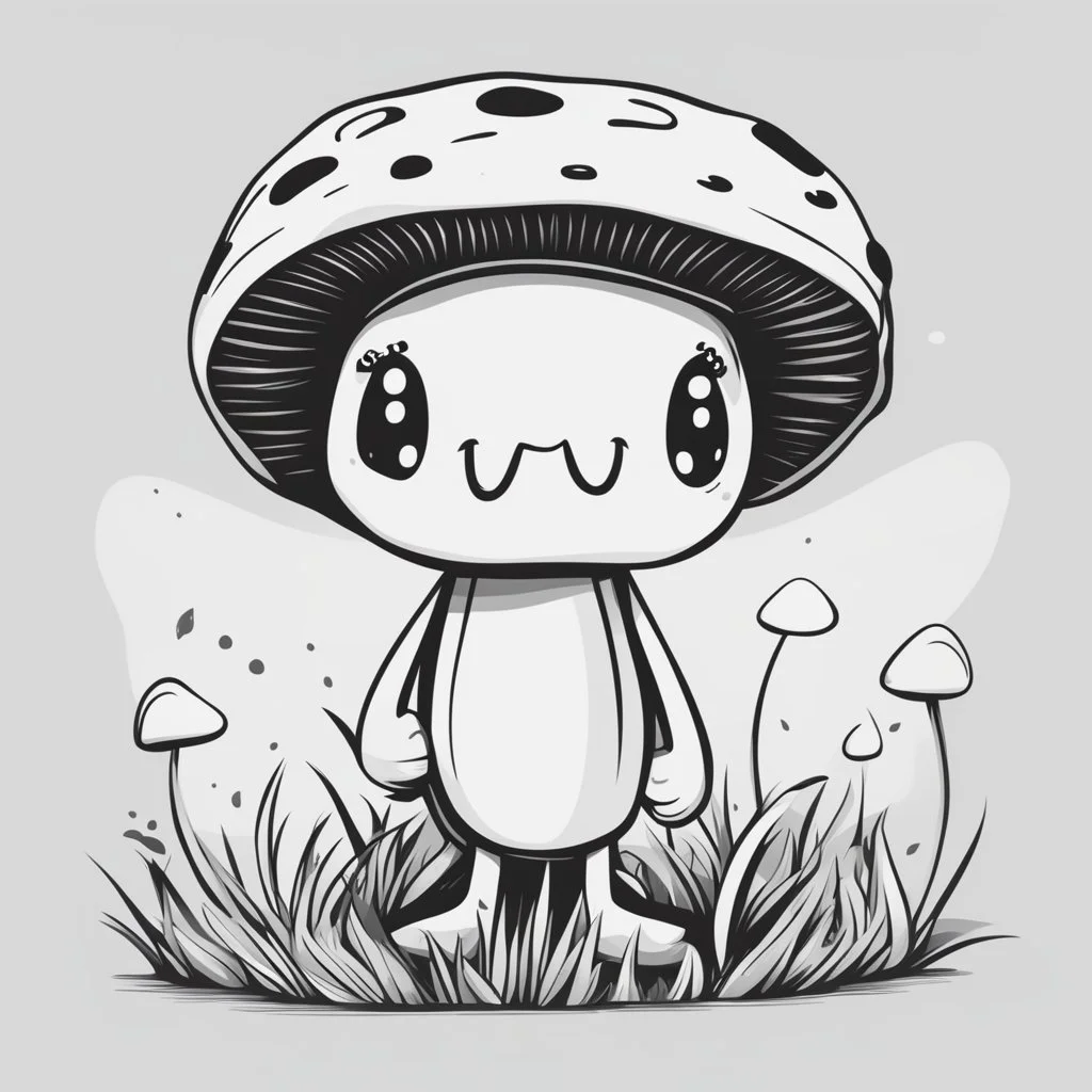 mushroom, black and white, cartoon, drawing, cute, creature, simple, mouth