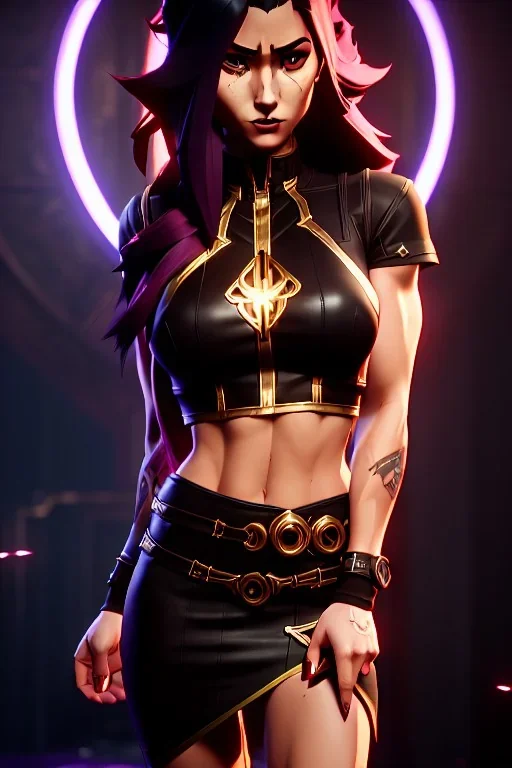 j.scott campbell, serena from mortal kombat, full head to toe portrait, lathe build, wearing black and red mini skirt, thigh high boots and crop top, big eyes, 3/4 look, long black hair with red streak, small up turned nose, large breasts, small waist, round butt, standing, dark cobblestone alley, one halo white light behind head, non photorealistic rendering