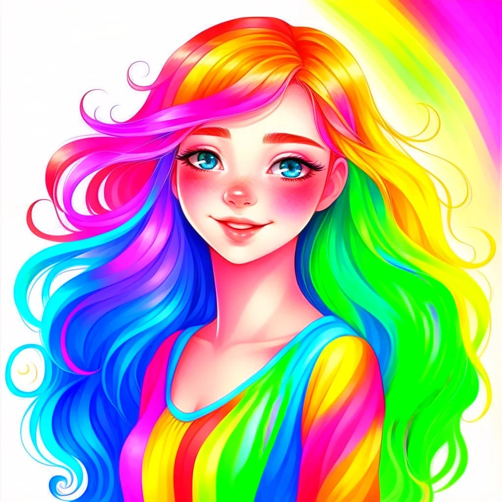A beautiful imaginary girl with bright white skin, big eyes the color of the clear sky, long hair and waves that overlap in the colors of the rainbow, and a smile that emits happiness and charm. She has a graceful and slim body that radiates vitality and strength, and she shines