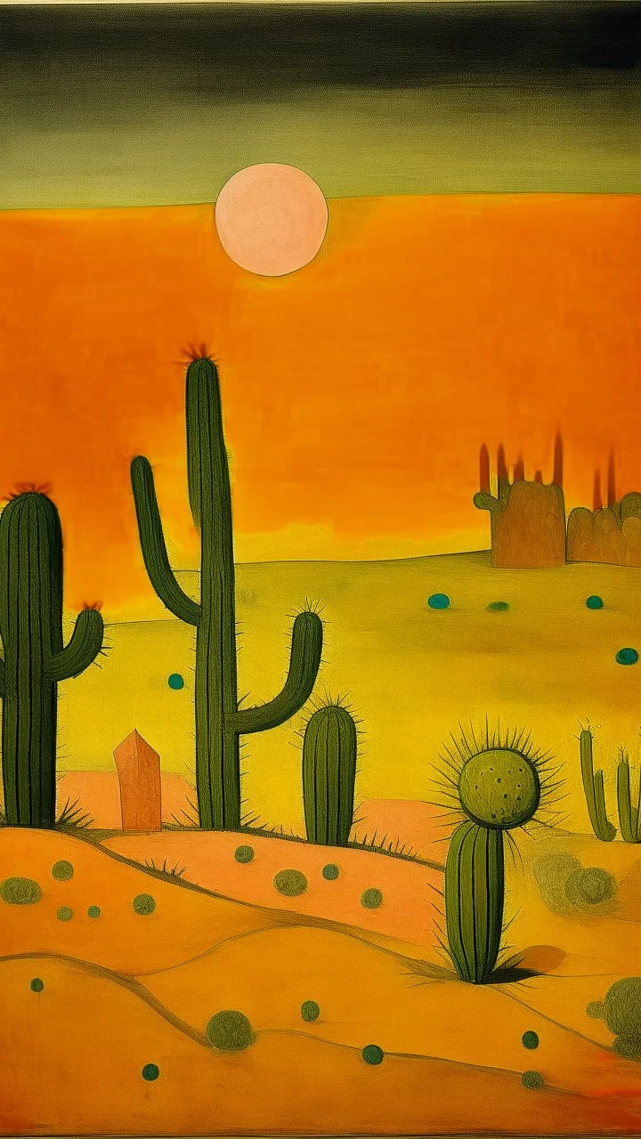 A yellow desert with cactuses painted by Paul Klee