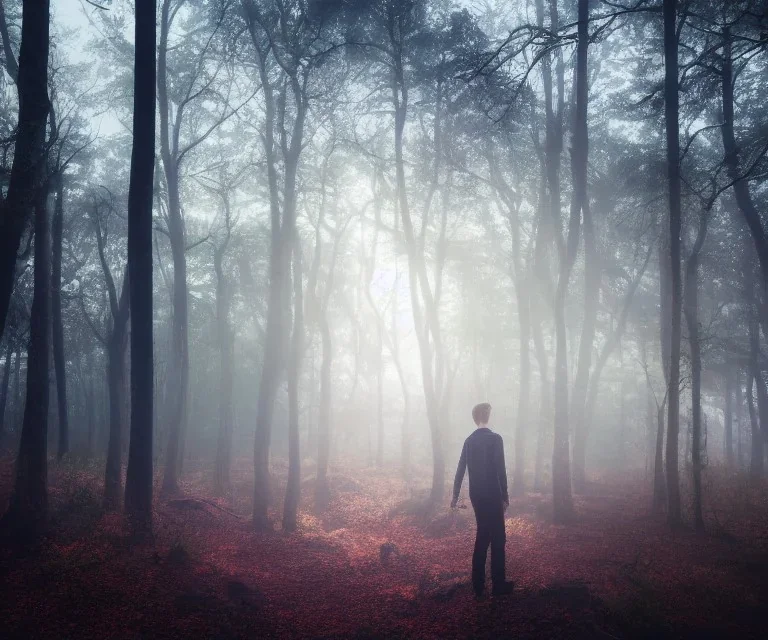 closeup of a young man floating in the middle of the image in a misty forest in spring at sunrise with warm light rays, highly detailed, intricate, 8k, unreal engine, cinematic, vibrant, colorful, ultra high resolution