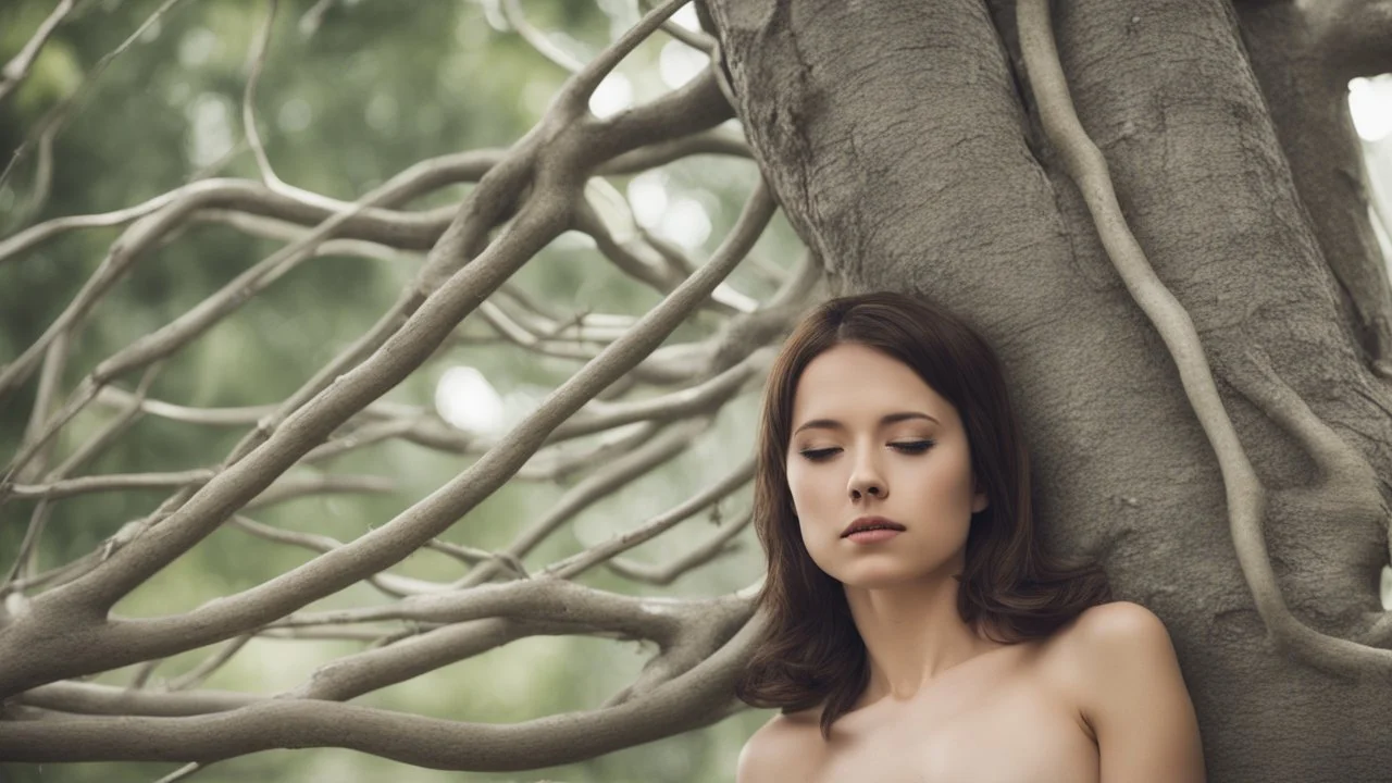 young woman encased and growing out of a tree