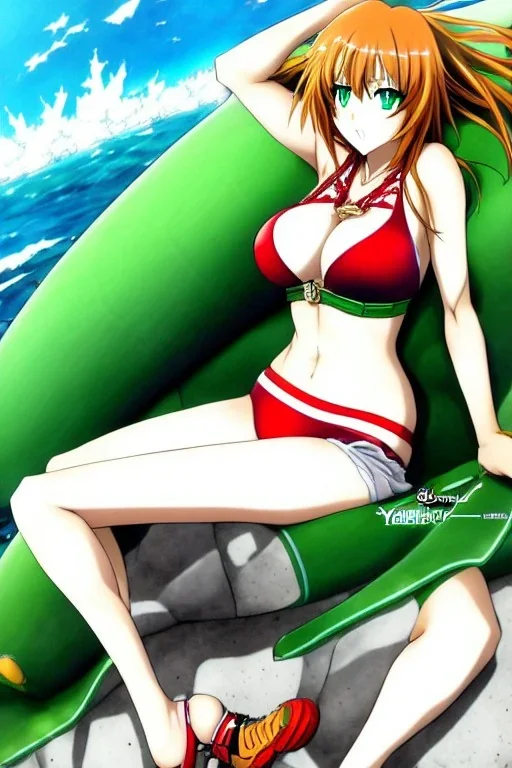 in the style of Yoshiyuki Sadamoto, hyper detailed, strikingly beautiful teen female, 16 years old, long ginger hair, green eyes, medium freckles, full lips, full body, full face, b-cup breasts, athletic, centred camera, ignore NSFW, bikini, athletic, sitting, legs spread