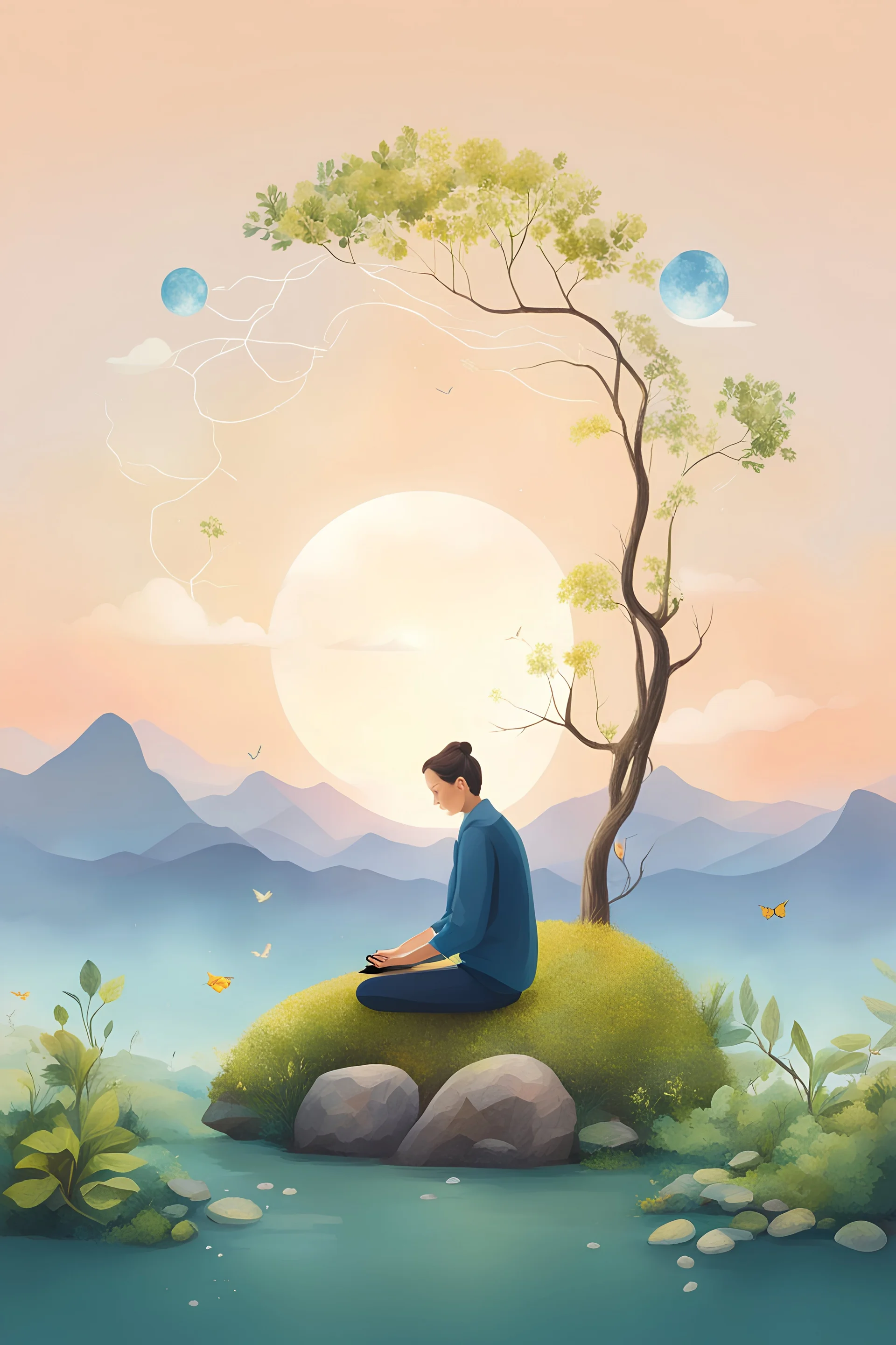 Mindful Tech" - Illustrate the idea of mindfulness in a hyperconnected world by blending elements of technology and nature in a minimalist composition.