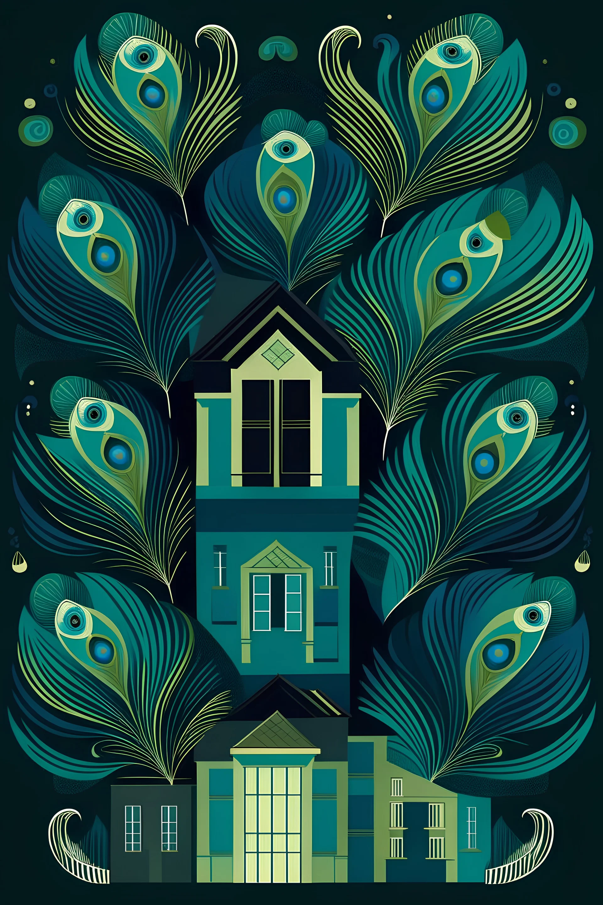 Graphic design of a group of houses with peacock feathers as the roof