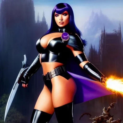 fullbody portrait 'beautiful booty sexy busty Raven(teen titans)',wearing minimal ancient latex armor,hyperrealistic skin,Hyperrealistic Big eyes,painting by gaston bussiere, greg rutkowski, yoji shinkawa, yoshitaka amano, tsutomu nihei, donato giancola, tim hildebrandt, oil on canvas, cinematic composition,sharp image, extreme detail,((fit full head inside picture)),32k