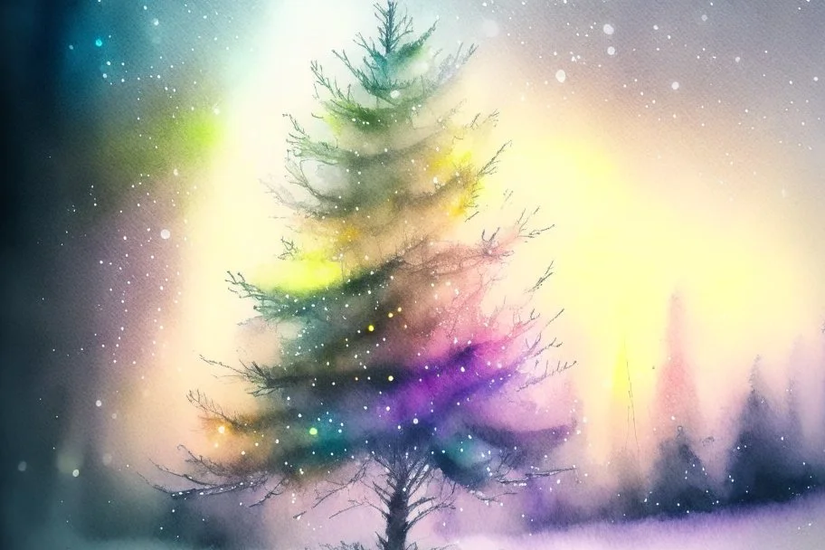 Christmas tree in the backyard, snowing, coloured bioluminescent light strings, misty evening, sunset smooth intricate beautiful lighting pencil sketch watercolor polished Soft focus warm light watercolor and ink