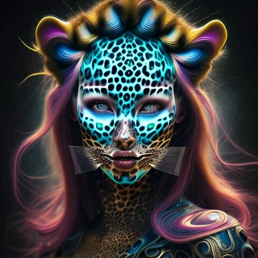 candy leopard, portrayed with the intricate facial features and extremely detailed pupils characteristic of Stefan Gesell's style, blended with the elongated forms and dramatic chiaroscuro reminiscent of El Greco, conveyed through a light painting technique with push processing, incorporating holographic elements for a dreamy, vibrant effect, soft skin texture, clarity achieved, supporting a perfect composition, cinematic atmosphere, delicate detail