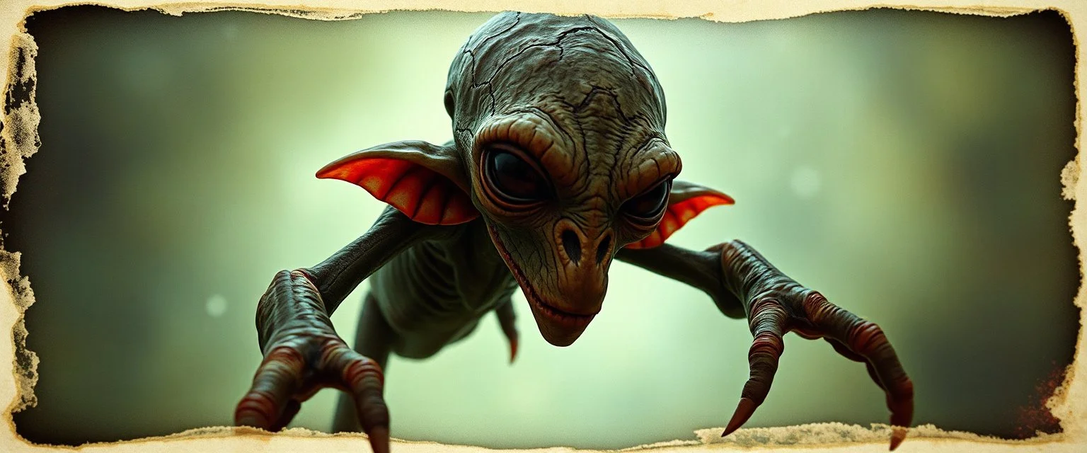 3d airbrush render, elf alien dodo , pinhole cam, airbrush 3d rendering, in the style of Titian and Dali , torn edges on border