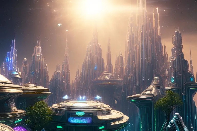 white and gold crystal cosmic and galactic ambiance cinema4d sci-fi futuristic city, full of details, smooth, bright sunshine,soft light atmosphere, light effect,vaporwave colorful, concept art, smooth, extremely sharp detail, finely tuned detail, ultra high definition, 8 k, unreal engine 5, ultra sharp focus