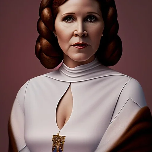 modern disney style, half-length portrait, three-quarter face pose of carrie fisher as Princess Leia with photo realistic no hair, entrancing deep brown eyes, eos5d mark 4, ef 85mm 5.6, professional majestic photo realistic painting by Ed Blinkey, Atey Ghailan, by Jeremy Mann, Greg Manchess, Antonio Moro, trending on ArtStation, Intricate, High Detail, Sharp focus, dramatic, by greg rutkowski, realism, beautiful and detailed lighting,