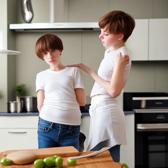 Realistic photo Russian shorthair beautiful tomboy boyish boylike young mother-in-future wide hips in kitchen