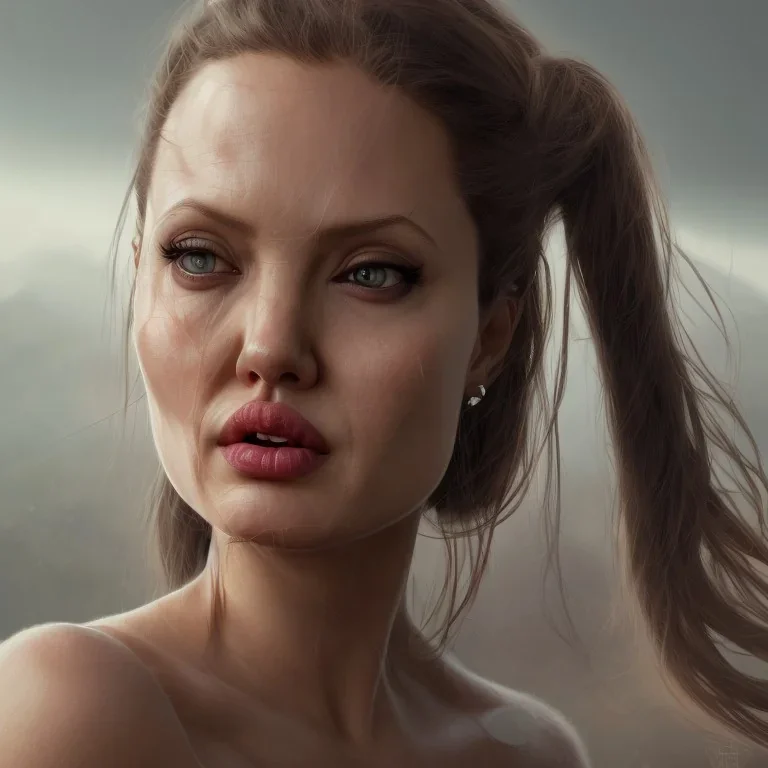 portrait busty and face, alone, angelina jolie young face, busty hitomi tanaka, Crystal brown eyes, viking clothes, elegant, by WLOP,Artgerm,Greg Rutkowski,Alphonse Mucha, Beautiful dynamic,shadows,Artstation,concept design art,Octane render,8K