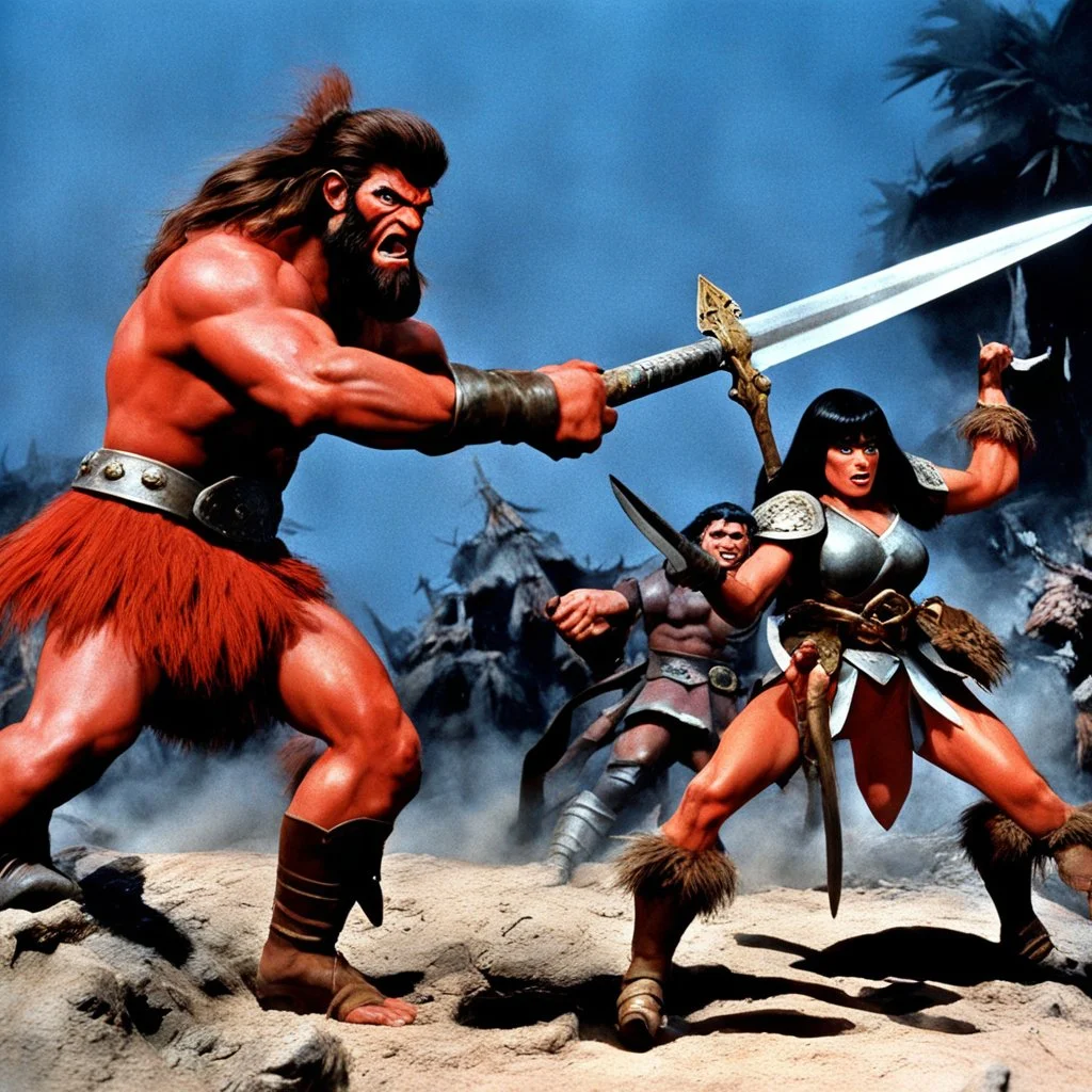 [colour 1960’s stop-motion animation style on the battlefield ] a 70s advertisement video TV featuring a fight begins with great intensity.The barbarian warrior uses her weapons hitting the monster severely ripping pieces of her grotesque and monstrous foe. but the monster is very strong and does not let himself be killed.he attacks with deadly fury the barbara warrior and manages to grab her embracing her with his distorted and very strong arms, full of rigid muscles.he hugs her very tightly