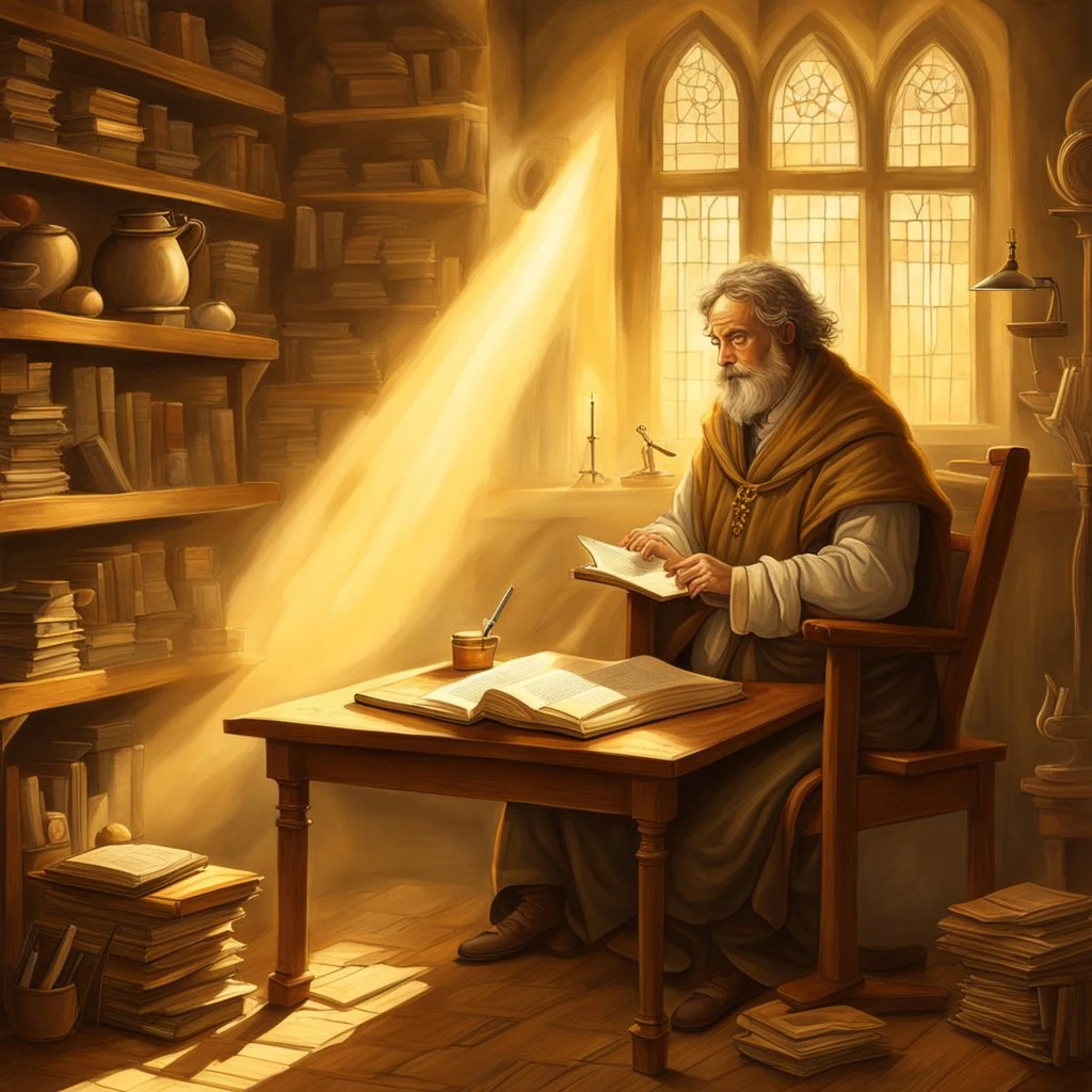 a stooped medieval genius in his study, sun rays, mist forming phantoms, by artist "Ingrid Umber",by artist "Sienna Lamberts"