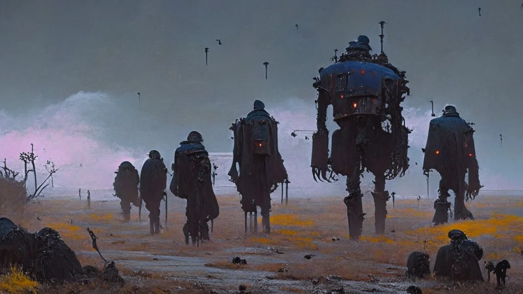 marching machine soldiers, creepy landscape, techno gothic visual composition, science fiction painting, Denis Sarazhin, Quint Buchholz, Simon Stålenhag, Neil Blomkamp, Christopher Shy, Alejandro Burdisio, RAW, gritty high contrast, atmospheric horror, unsettling art, dark palette, harsh colour