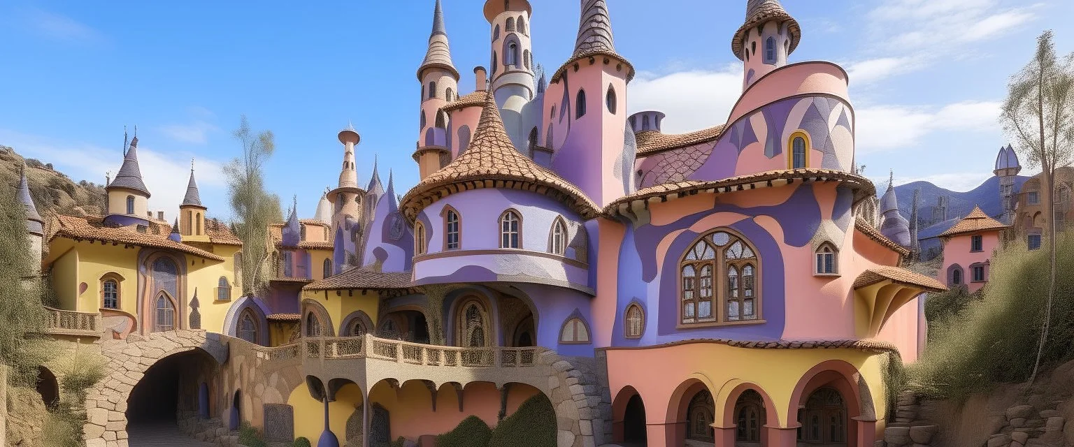 A light purple medieval village covered in paint in art deco style painted by Antoni Gaudi