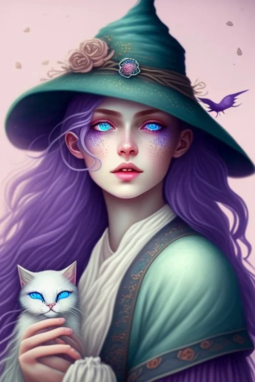 Cute friendly witch, playing with cute cats, perfect eyes, perfect iris, pastel colour, chalk, style Elisabeth Kreitz