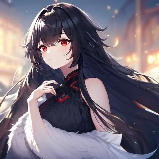 Clear focus, high resolution, black long fluffy hair, red eyes, wearing a detailed outfit