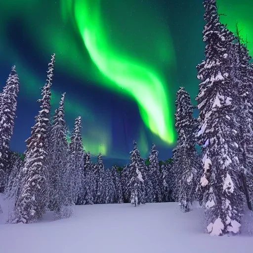 high-quality, fine-detailed winter forest surrounding reflective lake with northern lights in sky, intricate, defined snow-covered trees, a still, black, reflective lake, irridescent, radiant, colorful aurora borealis in night sky, 8k resolution, photorealistic, 3d render, detailed matte, voumetric lighting, photgraphy by Arild Heitmann, Justin Ng, David Lane, Troy Casswell, Luc Perrot