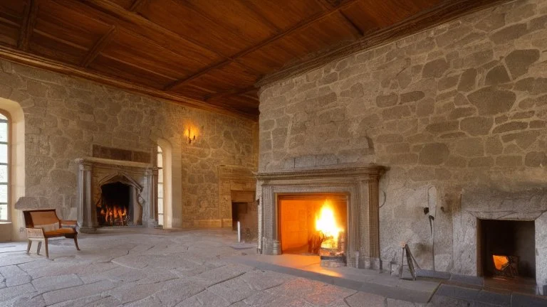 large fireplace in a great hall of a stone castle