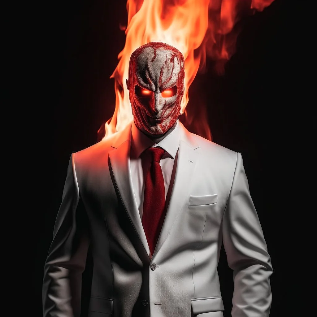 a scary man on fire wearing a white suit with a red tie who has no face