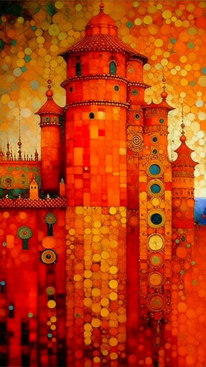 A reddish orange colored clockwork castle painted by Gustav Klimt