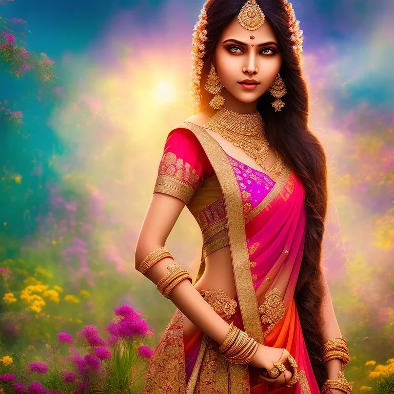 bright indian fairy, beautiful portrait, flowery landscape, light, sun