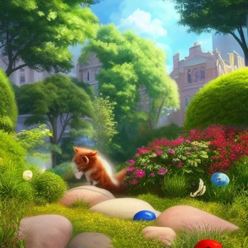 pixar style, volumetric summer garden environment and background, realistic painting of m&m, looking excited, volumetric lighting, dramatic lighting, detailed digital painting, extreme dense and fine fur, anime, ornate, colour-washed colors, elegant, small minutiae, tiny features, particulars, centered, smooth, sharp focus, renderman gofur render, 8k, uhd, detailed eyes, realistic shaded volumetric lighting, sunlight caustics, backlight, centered camera view