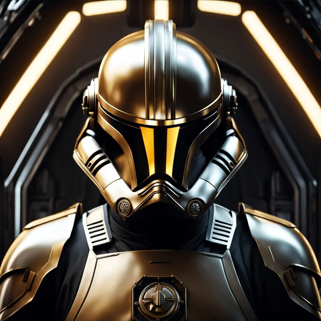 star wars bald male corellian pilot wearing pearlescent black and gunmetal grey First Order special forces heavy assault armor and helmet with gold trim inside the jedi temple, centered portrait, hyperdetailed, dynamic lighting, hyperdetailed background, 8k resolution, volumetric lighting, light skin, fully symmetric details