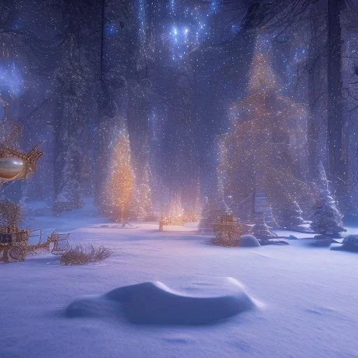 Mysterious christmas night, surreal atmosphere, cosmic backdrop, celestial ambience, soft lighting, very chilly appearance of the surroundings, unreal engine 5 volumetric lighting, intricate details, realistic style, 8k resolution