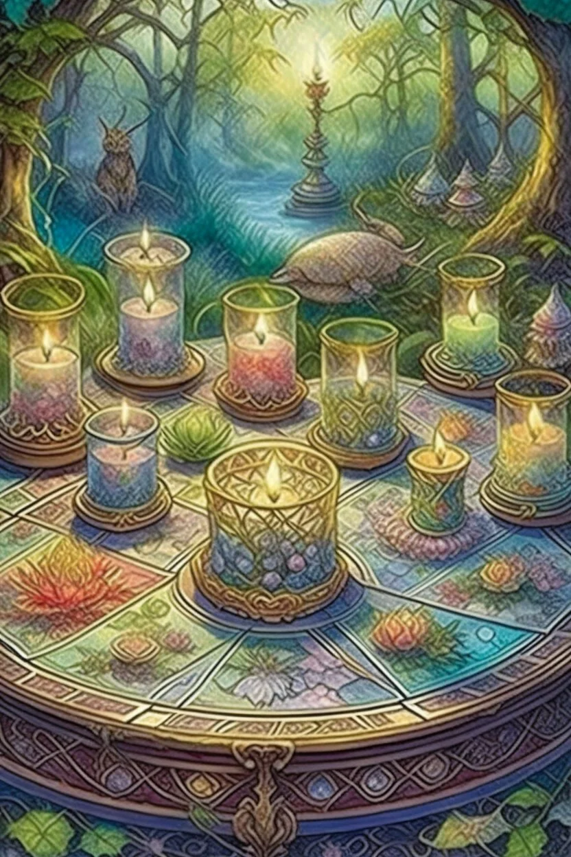 Tarot card candles on the tableornament of a fabulous landscape, ornament, forest, delicate, light, transparent spring, ornament, in the style of Josephine Wall, grunge, intracate, map, careful drawing, watercolor, dot graphics, natural colors, Grotesque, Micro detailing, Art botanical