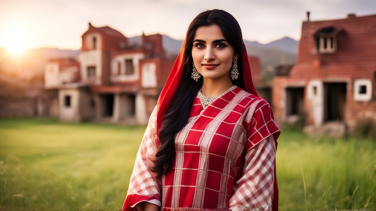 A photographic middle shot of a beautiful a young Pakistani pashto woman (age 25 with beautiful black hair and pretty eyes) in a beautiful traditional red and white checkered dress with white dupatta happily standing outside beautiful village houses made bricks with long grass and mountains behind her at beautiful cloudy sunset with sun-rays on her face showing cinematic And dramatic ambiance.