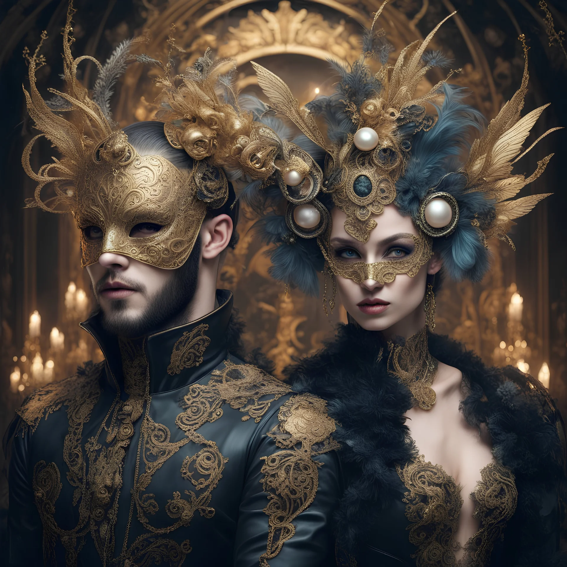 A handsome man and a very beautiful woman, they are wearing masks, carnival, cyber punk, filigree lace, ornate theatrical costume of the Spirit of the Theater, decorated gothic, decadent fairy-tale creatures, headdress of New Year's attributes, pearl jewelry, romanticism details, New Year's attributes, gold lace mask, relief extremely detailed style cyberpunk style hyper-realistic on stage light fog and spotlights, smoke.