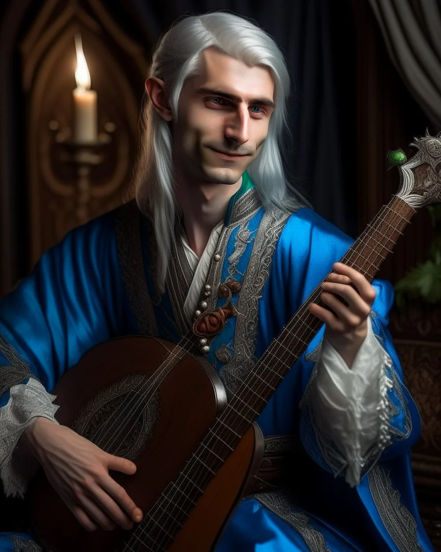 Ethereal male elf bard with flowing silver hair and bright blue eyes. Elegant clothing in rich fabrics. Holding ornate lute. Charismatic smile, otherworldly grace. Delicate pointed ears. Medieval fantasy style, enchanting atmosphere.