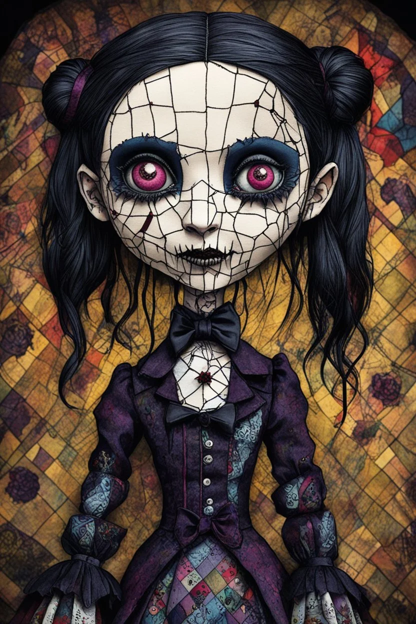full color, illustration of a dark menacing Victorian goth vampire girl, ala Wednesday Addams, as a decayed, broken, crude homemade patchwork cloth doll toy, with contrast stitching across her patchwork face, hair made from ragged strips of cloth, art in the style of Alex Pardee and Tim Burton
