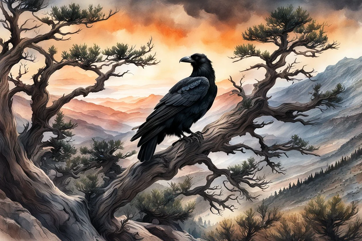 museum quality ink wash and watercolor painting of a wandering Raven perched in the branches of an ancient, gnarled and twisted, Bristlecone Pine, on a remote plateau in the Rocky Mountains at sunset, in the style of Karl Bodmer, and Winslow Homer, rendered as an aquatint, with a fine art aesthetic, highly detailed , 8k UHD cinegraphic realism, dramatic natural lighting