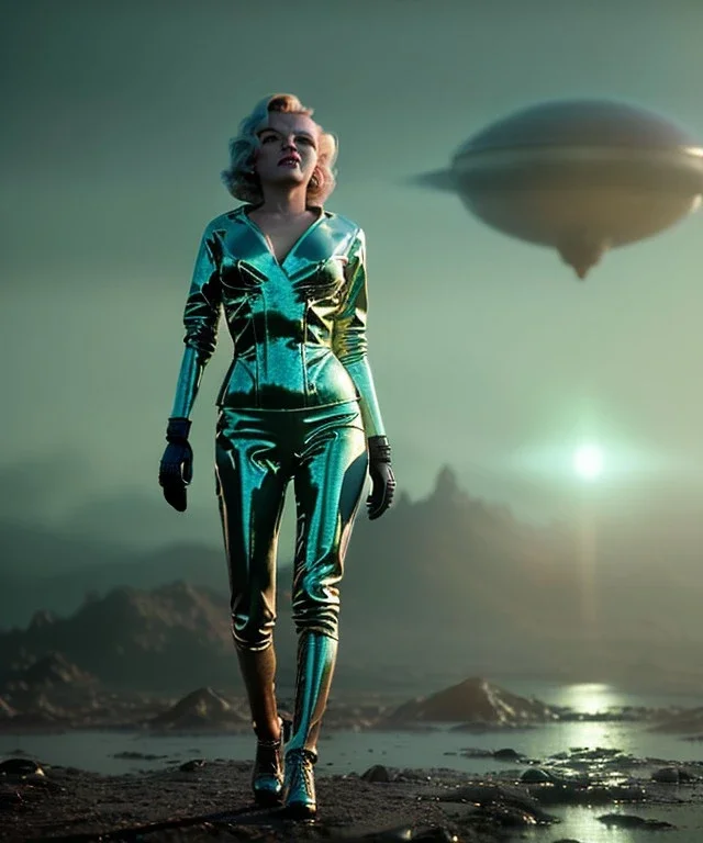 Ultra Realistic retro sci-fi 1960 scene, waist up view portrait, blonde woman, sweet young Marilyn Monroe face, perfect iris, tight latex coat, alien planet background, tight style, steel sphere dron levitating, fog, rain, soft color, highly detailed, unreal engine 5, ray tracing, RTX, lumen lighting, ultra detail, volumetric lighting, 3d, finely drawn, high definition, high resolution.