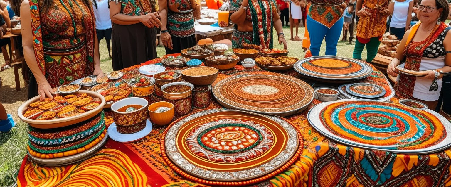 A tan carnival filled with food designed in Australian aboriginal art