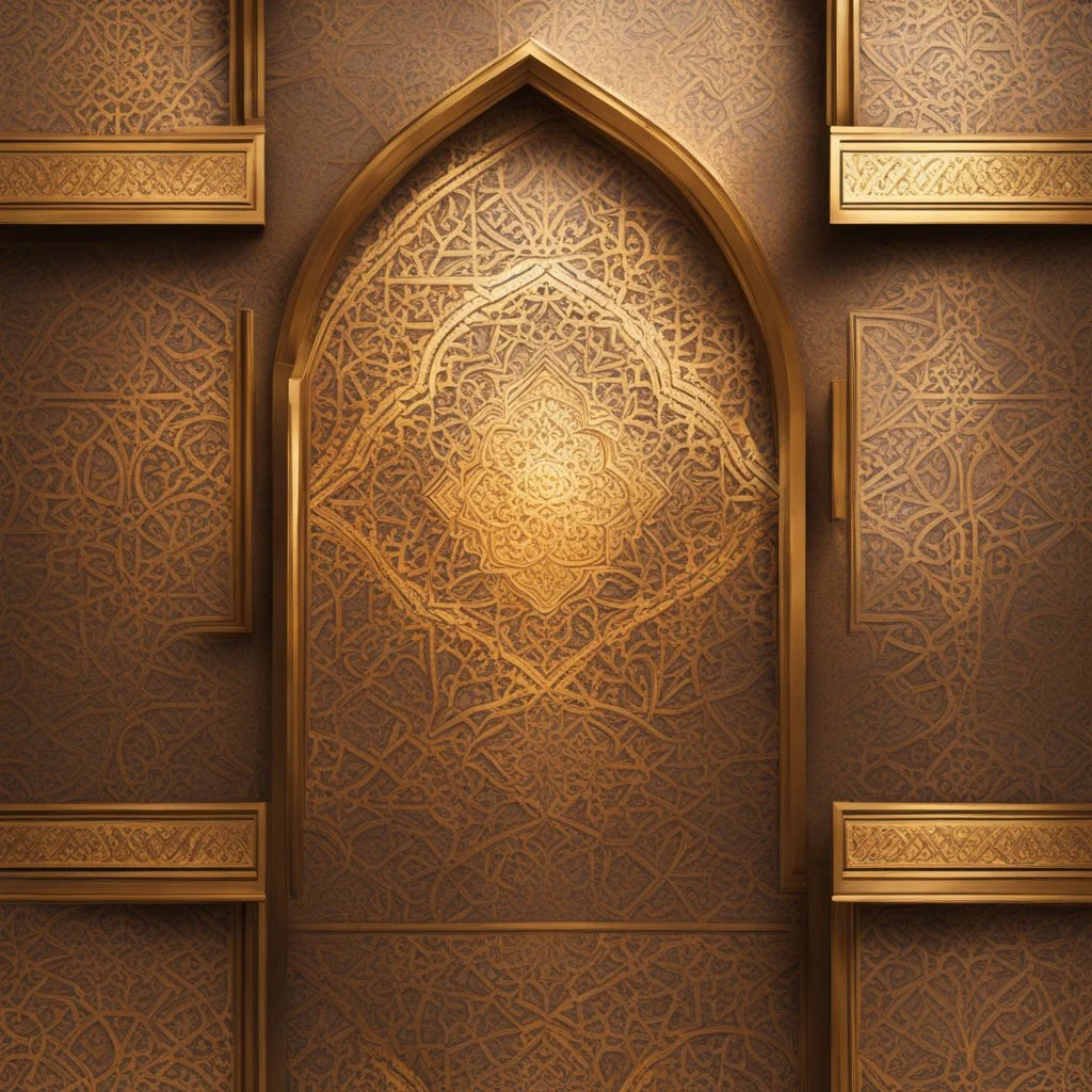 Hyper Realistic Bright-Glowing-Golden-Islamic-architecture-pattern on rustic-brown-rustic wall