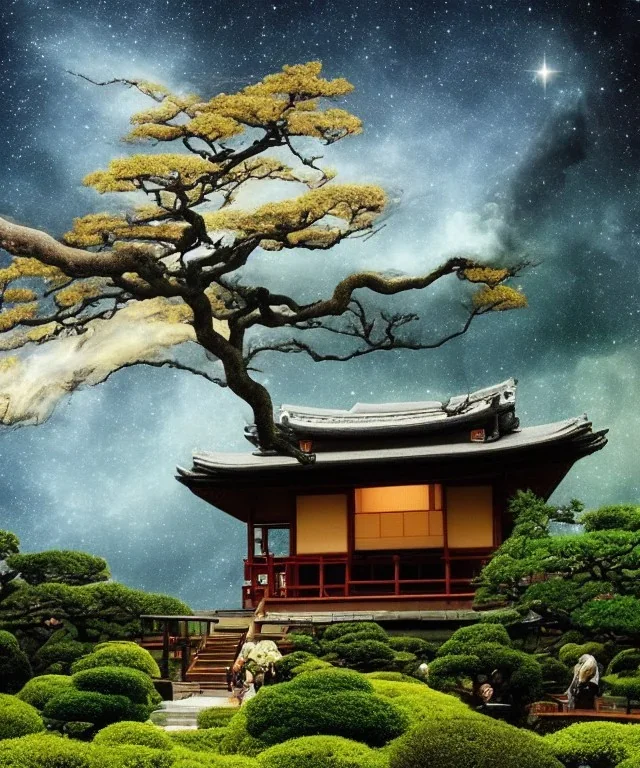 Japanese tea house in outer space with a nebula backdrop and a t-rex otherworldly trees