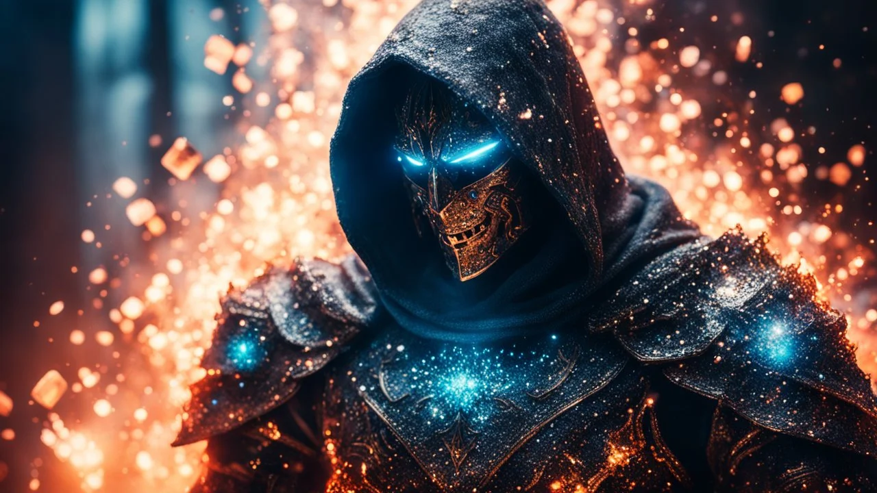 hooded marble knight covered with glowing crystals fighting against demons, fire particles in air, bright colors, glowing sparkle particles, dark tone, sharp focus, high contrast, 8k, incredible depth, depth of field, dramatic lighting, beautifully intricate details, clean environment, epic dynamic scene